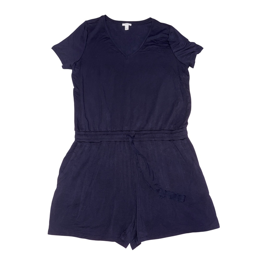 Daily Ritual Women's Navy Short Sleeve Romper V Neck Elastic Waist Size XL